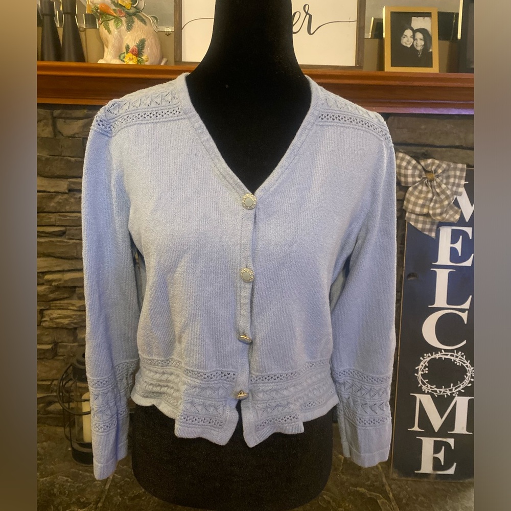 St. John Collection Powder Blue Knit V-Neck Crochet Cardigan